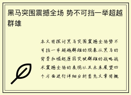 黑马突围震撼全场 势不可挡一举超越群雄