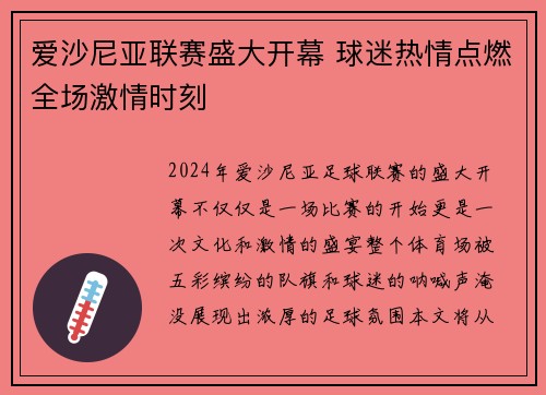 爱沙尼亚联赛盛大开幕 球迷热情点燃全场激情时刻