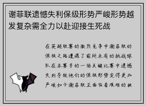 谢菲联遗憾失利保级形势严峻形势越发复杂需全力以赴迎接生死战
