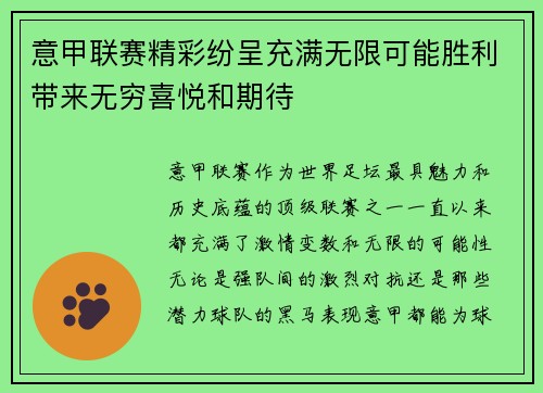 意甲联赛精彩纷呈充满无限可能胜利带来无穷喜悦和期待