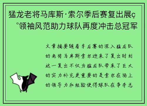 猛龙老将马库斯·索尔季后赛复出展现领袖风范助力球队再度冲击总冠军