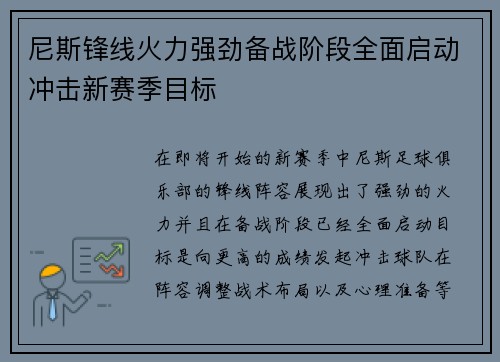 尼斯锋线火力强劲备战阶段全面启动冲击新赛季目标