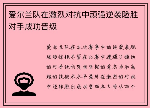 爱尔兰队在激烈对抗中顽强逆袭险胜对手成功晋级