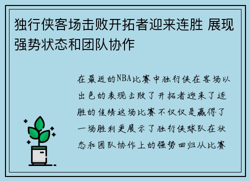 独行侠客场击败开拓者迎来连胜 展现强势状态和团队协作