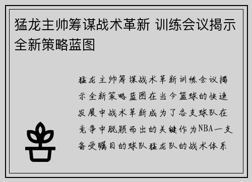 猛龙主帅筹谋战术革新 训练会议揭示全新策略蓝图