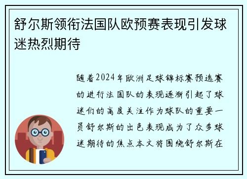 舒尔斯领衔法国队欧预赛表现引发球迷热烈期待