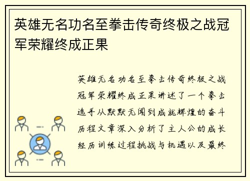 英雄无名功名至拳击传奇终极之战冠军荣耀终成正果