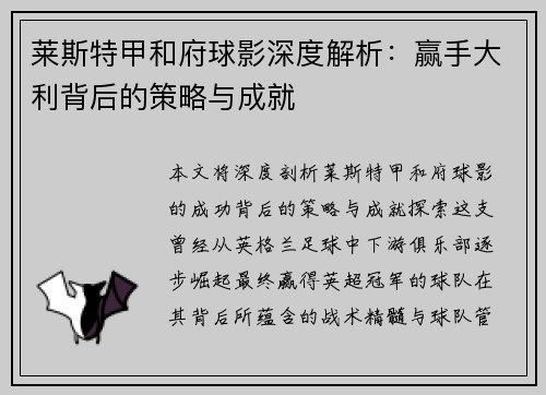 莱斯特甲和府球影深度解析：赢手大利背后的策略与成就