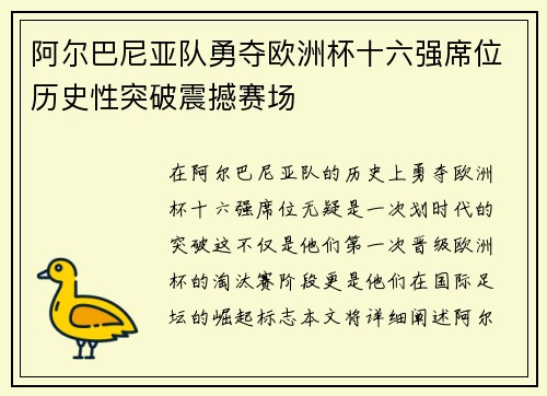 阿尔巴尼亚队勇夺欧洲杯十六强席位历史性突破震撼赛场