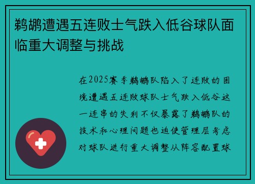 鹈鹕遭遇五连败士气跌入低谷球队面临重大调整与挑战