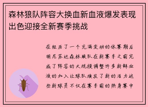 森林狼队阵容大换血新血液爆发表现出色迎接全新赛季挑战